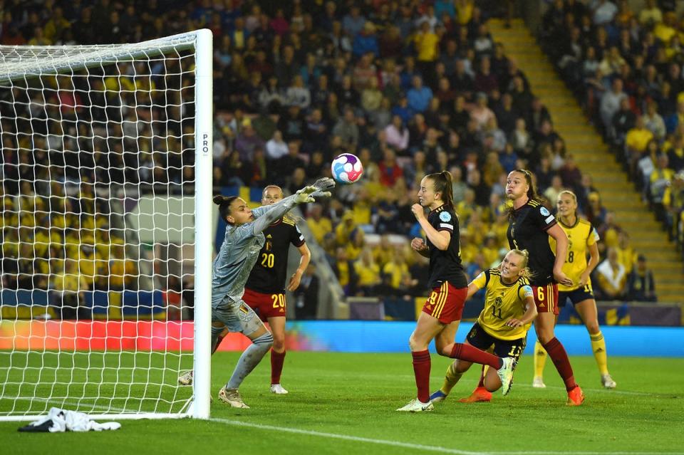 Belgium goalkeeper Nicky Evrard made a number of important saves, including brilliantly denying Blackstenius (Getty Images)