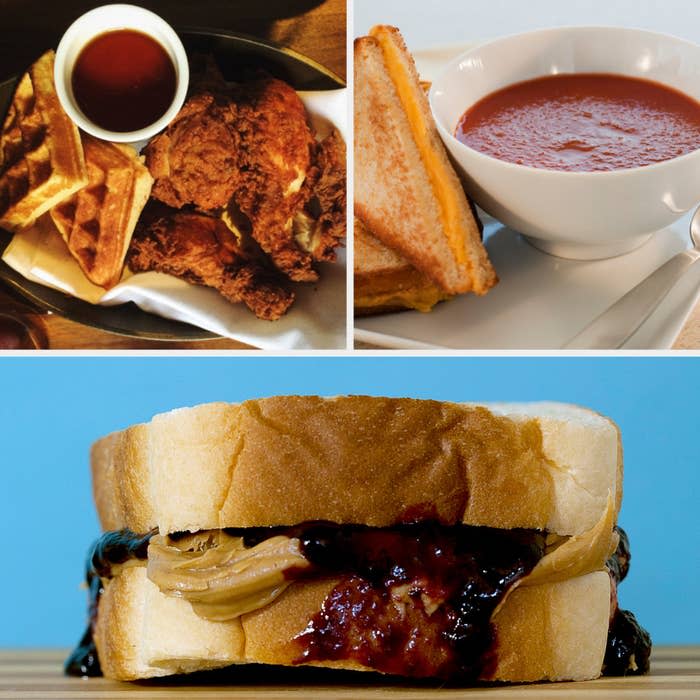 chicken and waffles, a peanut butter and jelly sandwich, and tomato soup with a grilled cheese