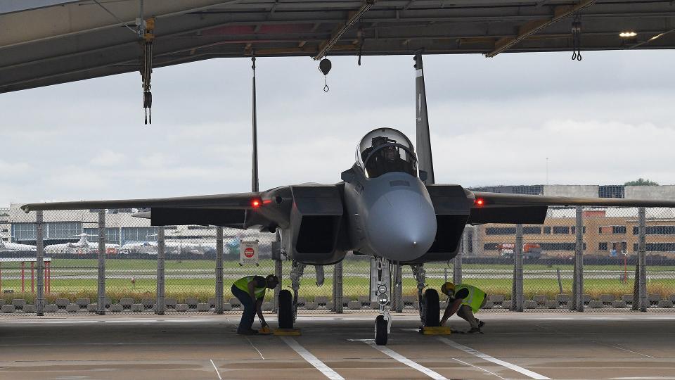 Oregon Air National Guard Majors, Calvin “Knife” Conner and Brandon “Wiggles” Wigton, assigned to the 142nd Wing, 123rd Fighter Squadron, in Portland, Oregon, prepare for takeoff with the newest F-15EX in Berkley, Missouri June 5, 2024. This is one of eighteen new EX models being finalized at the Missouri facility. Once finished all of the aircraft will be assigned to the 142nd Wing at Portland Air National Guard base, in Portland, Oregon. (National Guard photo by Aaron Perkins, Oregon Military Department Public Affairs)