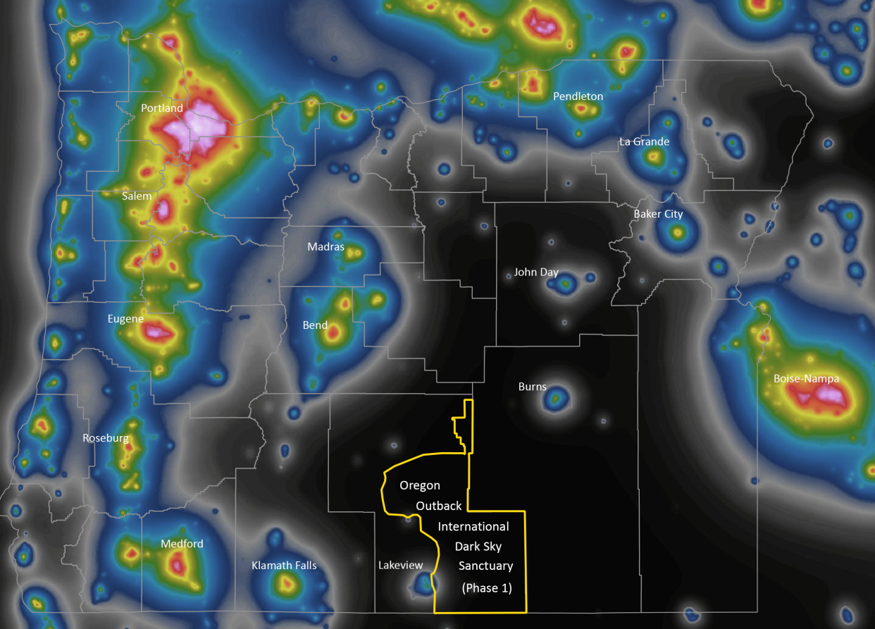 A map showing light pollution from Oregon's major cities and the location of the newly-established Oregon Outback Dark Sky Sanctuary.