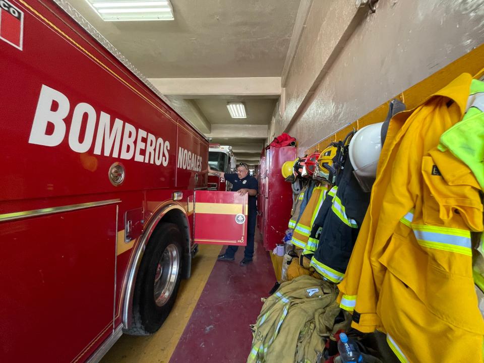 Lieutenant Cesar Ramón Vélez opens a compartment in the back of the fire truck, where crews store firefighting foam. Crews in Nogales, Sonora continue to use AFFF, a PFAS-laced product. There are no health advisories for PFAS chemicals in Mexico.
