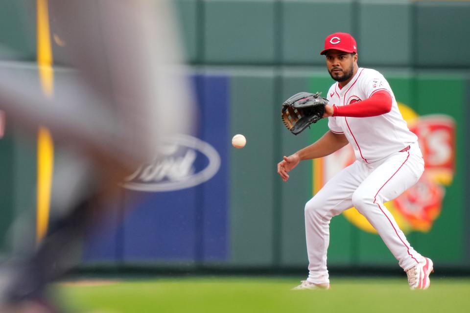 Reds third baseman Jeimer Candelario has remained in the cleanup spot despite his offensive struggles during the first two weeks of the season.