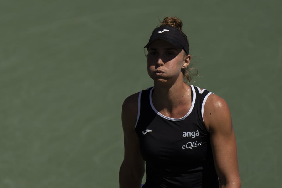 Beatriz Haddad Maia, of Brazil, reacts during her defeat to Simona Halep, of Romania, in the final of the National Bank Open tennis tournament in Toronto, Sunday, Aug. 14, 2022. (Chris Young/The Canadian Press via AP)