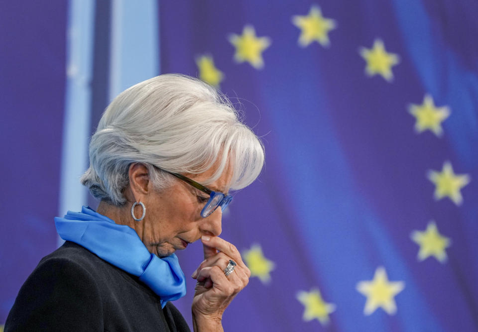 FILE - President of European Central Bank Christine Lagarde speaks during a press conference following the meeting of the governing council in Frankfurt, Thursday, Oct. 28, 2021. Italian Prime Minister Mario Draghi's offer to resign has sent unsettling ripples through financial markets, bringing back bad memories of Europe's debt crisis a decade ago and complicating the European Central Bank's job as it raises interest rates for the first time in 11 years to combat record inflation. (AP Photo/Michael Probst, File)