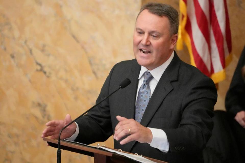 Mississippi Speaker of the House of Representatives Jason White, R-West, addresses the chamber after being elected to the leadership role at the Mississippi State Capitol in Jackson earlier this year.