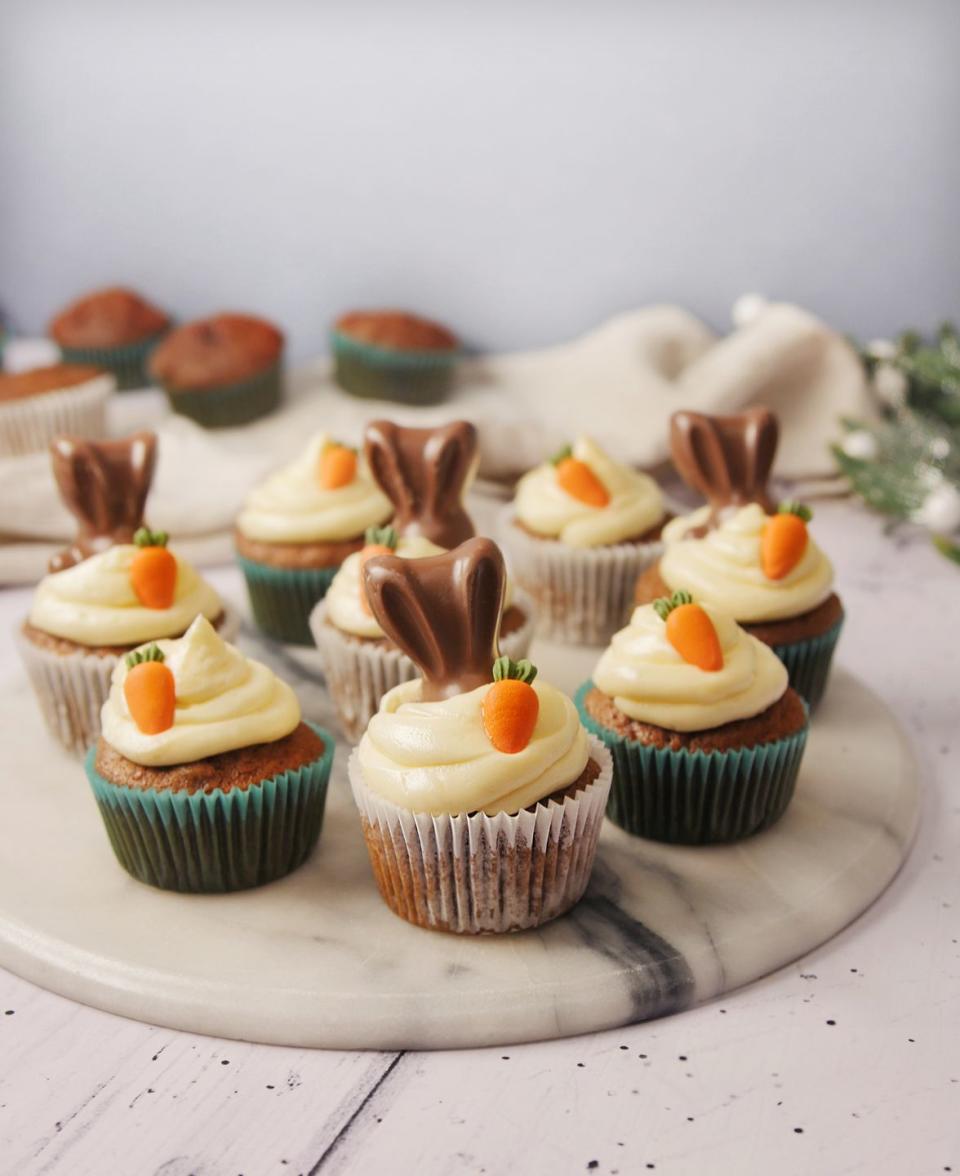 <p>These carrot cake cupcakes are topped with a cream cheese frosting and a Malteaser bunny.</p><p><strong>Recipe: <a href="https://www.goodhousekeeping.com/uk/food/recipes/a26640471/carrot-cake-cupcakes/" rel="nofollow noopener" target="_blank" data-ylk="slk:Carrot cake cupcake" class="link ">Carrot cake cupcake</a></strong></p>