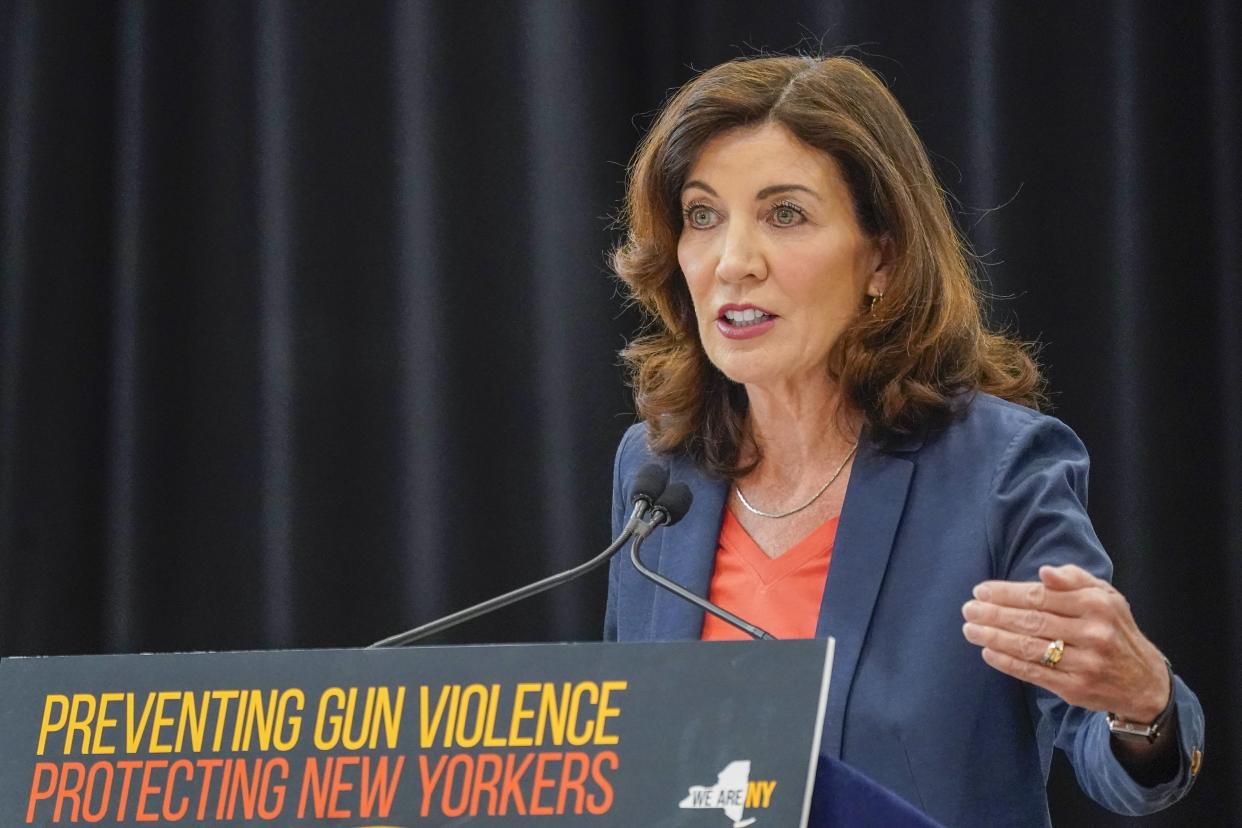 New York Gov. Kathy Hochul speaks during a ceremony to sign a package of bills to strengthen gun laws, Monday, June 6, 2022, in New York. 