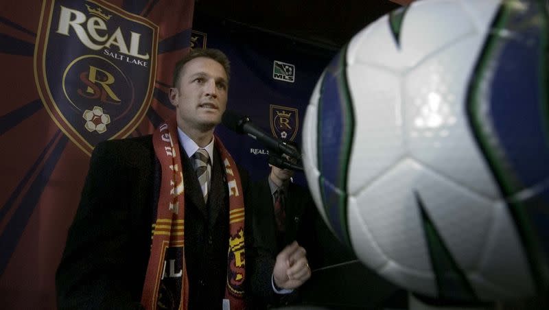 Jason Kreis, the first player to be acquired by Real Salt Lake, is introduced to the media in Salt Lake City on Nov. 17, 2004. In 2023, Kreis accepted a front-office role with the team.