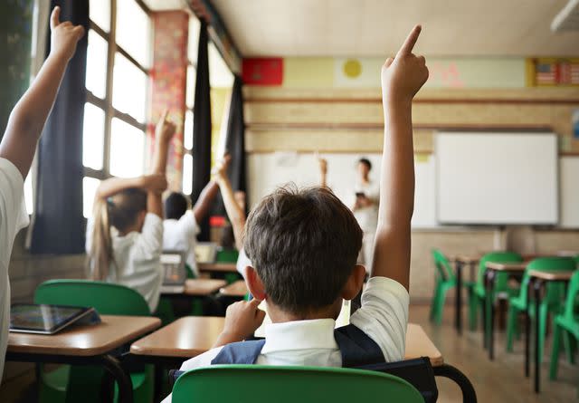 Klaus Vedfelt/Getty Images Stock image of students raising their hands in a classroom