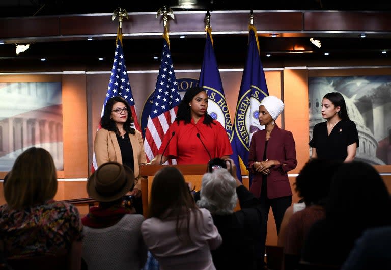 Four Democratic congresswomen targeted in a series of racist attacks by Donald Trump, have urged Americans “not to take the bait”, saying the president would “love nothing more than to divide the country”. In an impassioned appearance on Capitol Hill just hours after the president had used a White House press conference to double down on his attacks, the four Democrats – Alexandria Ocasio-Cortez, Ilhan Omar, Ayanna Pressley and Rashida Tlaib – claimed Mr Trump remarks were a distraction from more important issues. All four are women of colour.“He does not embody the grace, the empathy, the compassion, the integrity that that office requires and that the American people deserve,” said Ms Pressley, who was elected to congress last year from Massachusetts.“That being said, I encourage the American people and all of us in this room and beyond to not take the bait. This is a disruptive distraction from the issues of care, concern, and consequence to the American people.”Mr Omar, who was falsely accused by Mr Trump of being both anti-Semitic and a supporter of Al Qaeda, said the president had adopted the agenda of white nationalists. “Whether it is happening in chat rooms, or national TV, and now it has reached the White House garden. He would love nothing more than to divide our country based on race, religion, gender, orientation, or immigration status,” she said. ‘It is time for us to stop allowing this president to make a mockery out of our constitution. It is time for us to impeach this president.”The four women spoke out after the president had president doubled down on a series of attacks on the four women of colour – three of whom were born in the US and one who moved here 20 year as a refugee form Somalia – whom he had previously told to “go back home”.“As far as I’m concerned if you hate our country, if you’re not happy here, you can leave,” Mr Trump said at an event intended to celebrate US manufacturing, denying that a series of tweets he had posted over the weekend and on Monday morning had been racist.Mr Trump was asked by a member of the media if it concerned him that many people considered his tweets as raves and that “white nationalist groups are finding common cause with you”.“It doesn’t concern me because many people agree with me,” he replied. “All I’m saying, they want to leave, they can leave. Now, it doesn’t say leave forever. It says leave if you want.”In what appeared to be a deliberate political strategy intended to rally his base as he campaigns for reelection, Mr Trump has started targeting the four congresswomen, dubbed by the media “The Squad” and known for being outspoken on progressive issues. The four have recently clashed with Democratic House speaker Nancy Pelosi, over their criticism of other members of the party. Only a handful of Republicans have condemned Mr Trump’s language, with most being noticeable in their silence. Senator Lindsey Graham attacked the women as “socialist” and “antisemitic”, though he also called on the president not to make such personal attacks. In his White House press conference, Mr Trump also echoed earlier false claims that Ms Omar is an Al Qaeda sympathiser. He criticised her for “being from Somalia”, adding that she “hates Jews” and “loves Al Qaeda”. As the four women held their press conference, Mr Trump continued to tweet attacks at them.On Monday, Democrats in congress moved to formally censure Mr Trump’s attacks on the four congresswomen. “The House cannot allow the president’s characterisation of immigrants to our country to stand,” said House speaker Nancy Pelosi. “Our Republican colleagues must join us in condemning the president’s xenophobic tweets.”Mr Trump also defended the use of mass raids aimed at rounding up immigrants as “very successful”. With few details of the raids made public so far, the statement is difficult to verify. Immigrants and campaigners had been braced for a large number of arrests, but there have only been reports of low-profile operations in a few cities over the weekend. “The ICE (Immigration and Customs Enforcement) raids were very successful,” Mr Trump said. “People came into our country illegally ... Many were felons. Many were convicted of crimes. “Many, many were taken out on Sunday – you just didn’t know about it. It was a very successful day but you didn’t see a lot of it. Every person taken out had papers and we had court orders.”He offered no evidence to back up his claim.In terms of actual raids, New York mayor Bill de Blasio said there were three ICE operations in his city on Saturday. There were also unconfirmed reports of ICE action in Denver and Miami.