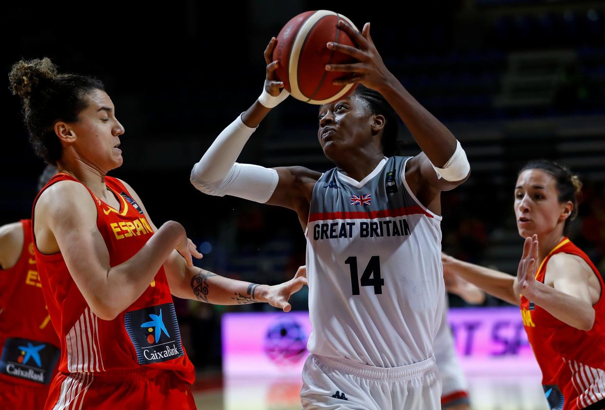 BELGRADE, SERBIA - FEBRUARY 09: Temi Fagbenle (C) of Great Britain in action against Laura Nicholls (L) and Queralt Casas (R) of Spain during the FIBA Women's Olympic Qualifying Tournament 2020 Group B match between Great Britain and Spain at Aleksandar Nikolic Hall on February 9, 2020 in Belgrade, Serbia.