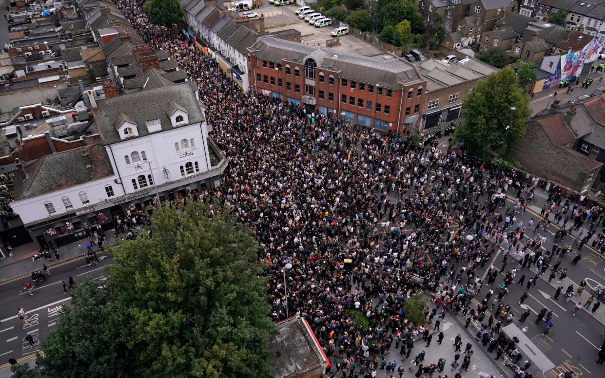 An aerial view shot of protesters in Walthamstow