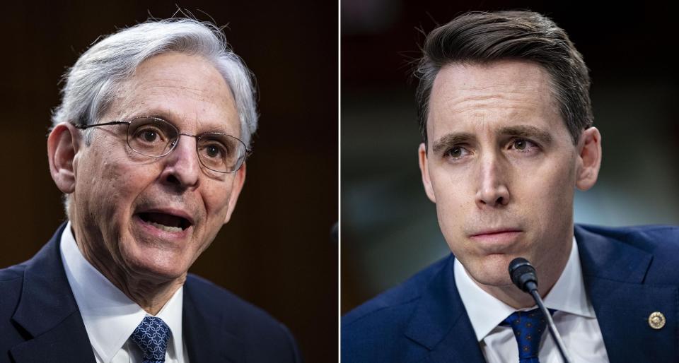 Left: Attorney General nominee Merrick Garland speaks during his confirmation hearing before the Senate Judiciary Committee on Feb. 22. Right: Sen. Josh Hawley (R-Mo.) pauses while speaking during Garland's confirmation hearing. (Photo: Al Drago/Getty Images)