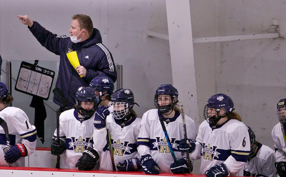 Archbishop Williams coach Doug Nolan makes a point during a game against Weymouth at Canton Sportsplex on Wednesday, Jan. 19, 2022.