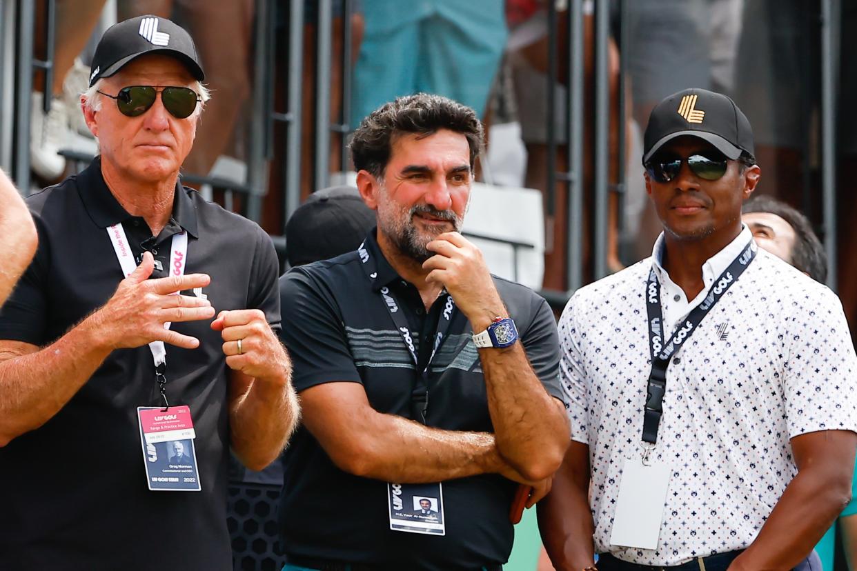 BEDMINSTER, NJ - JULY 31:  Greg Norman Commissioner/CEO of LIV Golf,Yasir Al-Rumayyan, Governor of the Public Investment Fund (PIF) the Sovereign wealth fund of the Kingdom of Saudi Arabia and Majed-Al-Sorour,-CEO-of-the-Saudi-Golf-Federation at the 1st tee during the 3rd round of the LIV Golf Invitational Series Bedminster on July 31, 2022 at Trump National Golf Club in Bedminster, New Jersey. (Photo by Rich Graessle/Icon Sportswire via Getty Images)