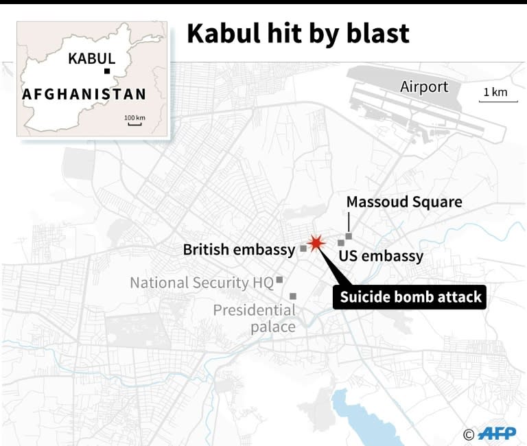 Map of Kabul locating a suicide bomb attack which killed several people in the diplomatic quarter Tuesday