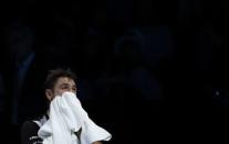 Britain Tennis - Barclays ATP World Tour Finals - O2 Arena, London - 14/11/16 Switzerland's Stanislas Wawrinka wipes his face during his round robin match against Japan's Kei Nishikori Reuters / Stefan Wermuth Livepic