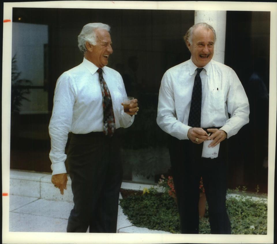 Bob Uecker was inducted into the Wisconsin Performing Arts Hall of Fame in August 1993.  At the reception before his induction, Uecker enjoys a laugh with friend and fellow actor Dabney Coleman.