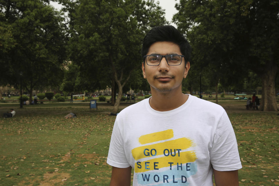 In this Tuesday, April 16, 2019, photo, university student Jitesh Nagpal, 20, stands for a photograph in New Delhi, India. With nearly half the electorate under 35 and more than 15 million first time voters, India's young can swing the national vote in the world's largest democracy in any direction. “For me the biggest issue is job opportunities. Whichever party creates more jobs, for the new industries, will get my vote. Because I will have to start looking for jobs very soon,” Nagpal told the Associated Press. (AP Photo/Manish Swarup)