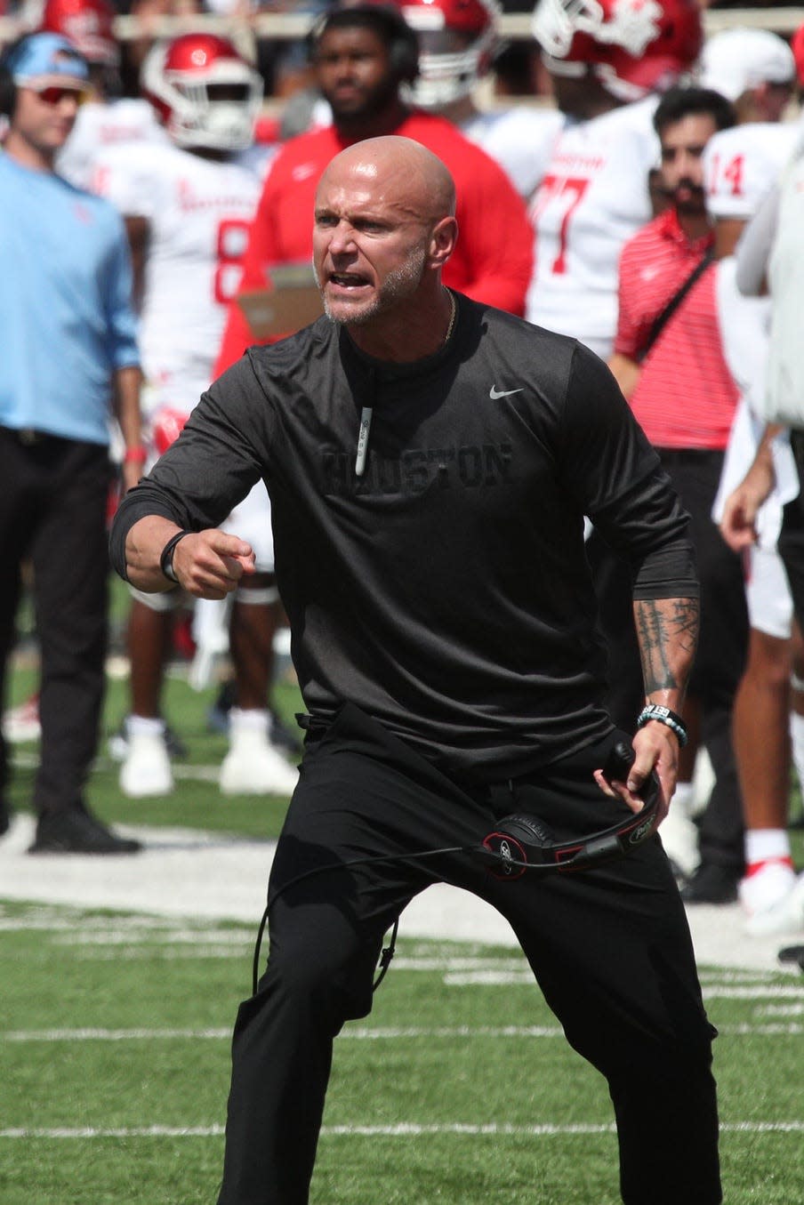 Sep 10, 2022; Lubbock, Texas, USA; Houston Cougars defensive line coach Brian Early on the field in the second half during the game against the Texas Tech Red Raiders at Jones AT&T Stadium and Cody Campbell Field. Mandatory Credit: Michael C. Johnson-USA TODAY Sports