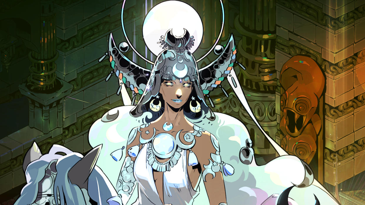  Hades 2 character portrait of Selene in a white dress and moon iconography. 