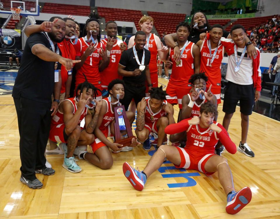 Bradford celebrates after winning the 2022 Class 1A boys basketball championship. The FHSAA is keeping the annual tournament in Lakeland for at least three more years.