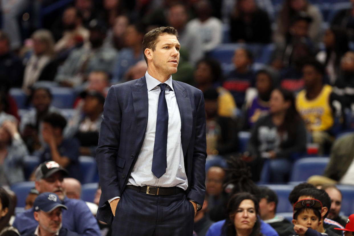 Los Angeles Lakers head coach Luke Walton during the first half of an NBA basketball game in New Orleans, Sunday, March 31, 2019. (AP Photo/Tyler Kaufman)