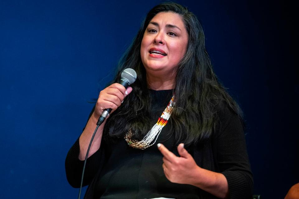 Colleen Echohawk, a candidate for Mayor of Seattle, takes part in a forum focused on arts and culture, Thursday, July 22, 2021 at the Langston Hughes Performing Arts Institute in Seattle. The city's mayoral primary election will be held on Tuesday, Aug. 3.