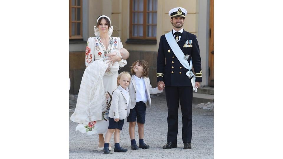 Prince Carl Philip, Princess Sofia, Prince Alexander, Prince Gabriel and Prince Julian attend Prince Julian's baptism outside Drottningholm Castle Chapel on August 14, 2021 in Stockholm