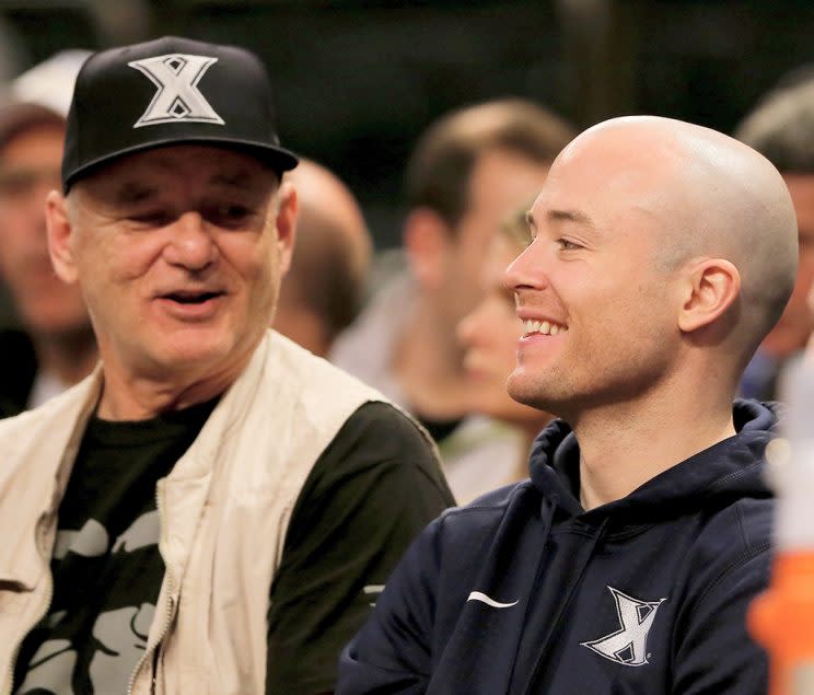 Coach Luke Murray watches the game between the Creighton Bluejays and the Seton Hall Pirates with his father, actor Bill Murray