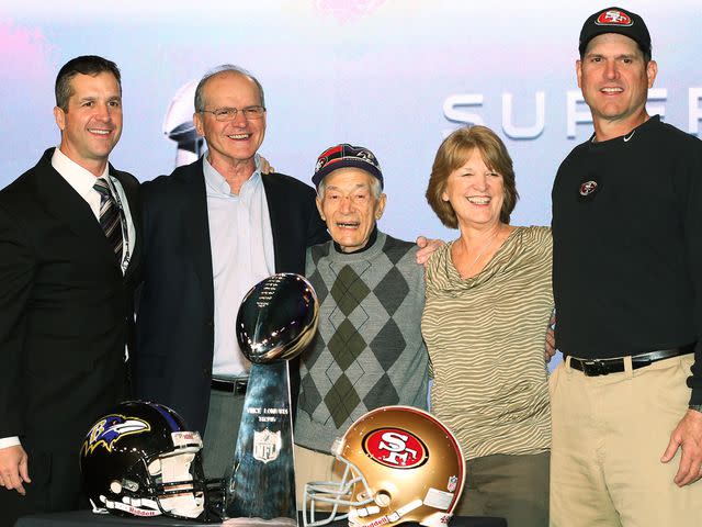 <p>Christian Petersen/Getty</p> John Harbaugh and Jim Harbaugh pose with their parents Jack and Jackie and grandfasther Joe Cipiti during a press conference for Super Bowl XLVII at the Ernest N. Morial Convention Center on February 1, 2013 in New Orleans, Louisiana.