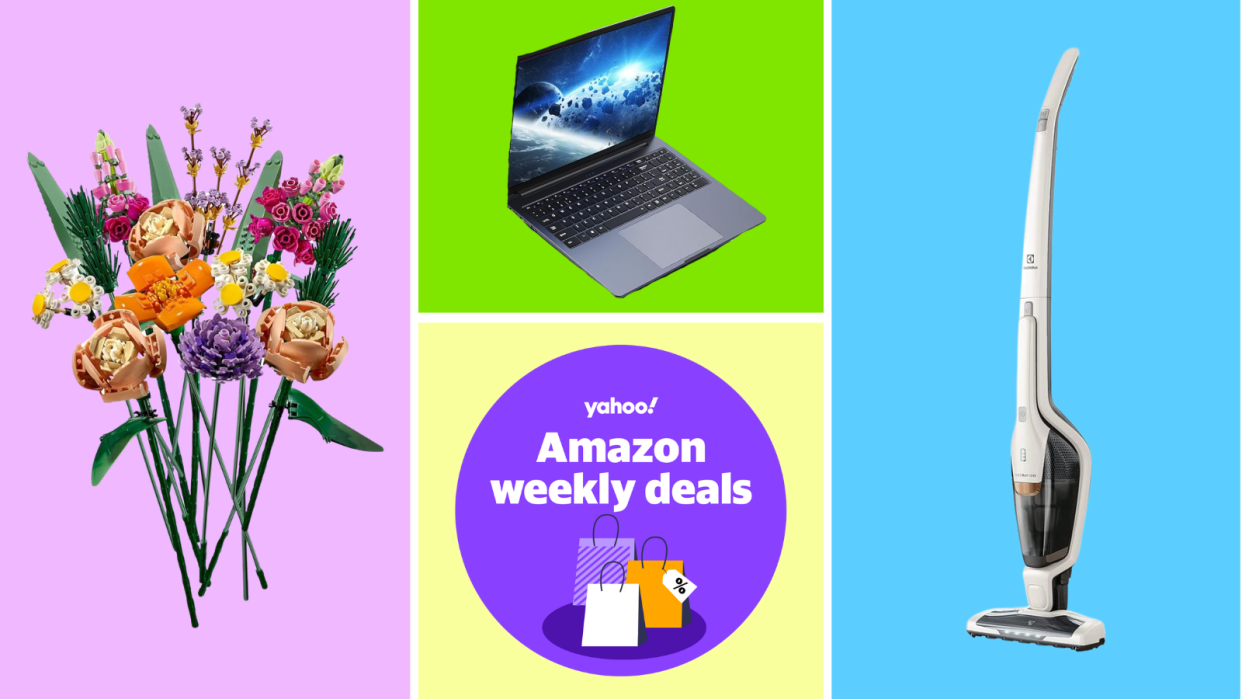 A Lego bouquet, laptop, Electrolux stick vacuum and a purple circle that reads: Yahoo! Amazon weekly deals, all on a colorful background.