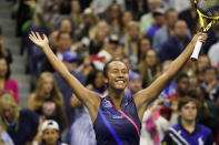 Leylah Fernandez, of Canada, reacts after defeating Naomi Osaka, of Japan, during the third round of the US Open tennis championships, Friday, Sept. 3, 2021, in New York. (AP Photo/John Minchillo)