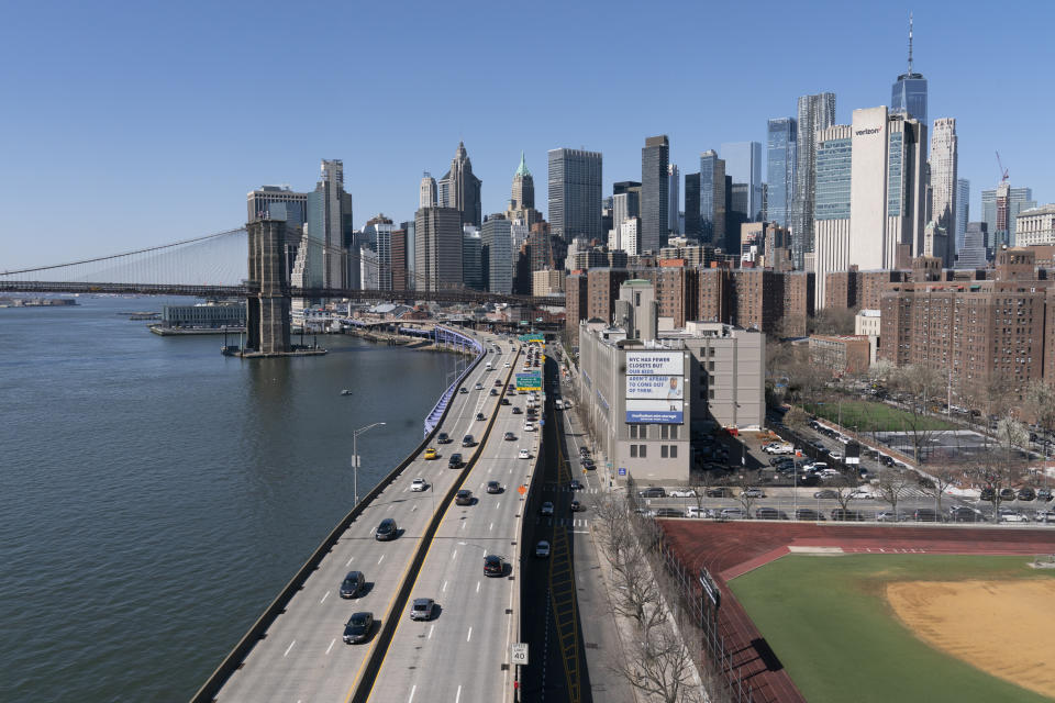 Vehicles drive along the FDR Drive in New York, part of the city's aging infrastructure, Tuesday, April 6, 2021. With an appeal to think big, President Joe Biden is promoting his $2.3 trillion infrastructure plan directly to Americans. Republicans oppose Biden's American Jobs Plan as big taxes, big spending and big government. (AP Photo/Mark Lennihan)