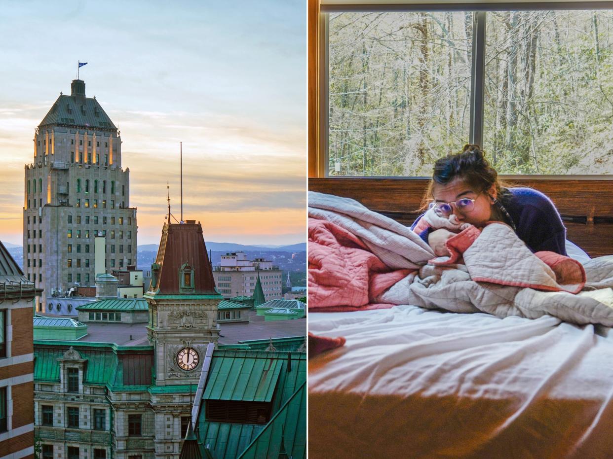 Left: A view of architecture in Quebec City with a sunset in the background. Right: The author cuddles in bed with blankets. Behind her is a window with a view of trees.