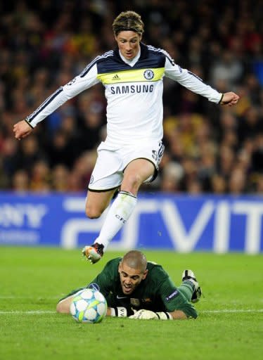 Chelsea's Fernando Torres and Barcelona's goalkeeper Victor Valdes during the Champions League second leg semi-final match on April 24. Torres' last-gasp equaliser came as Barcelona swarmed forward desperately in search of the goal that would seal the tie