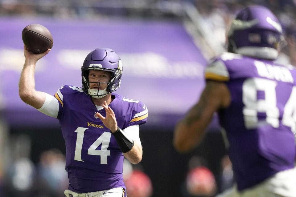 Quarterback Minnesota Vikings Sam Darnold (14) mendapatkan jaminan kerja yang lebih baik setelah JJ McCarthy mengalami cedera. (Foto AP/Charlie Neibergall)