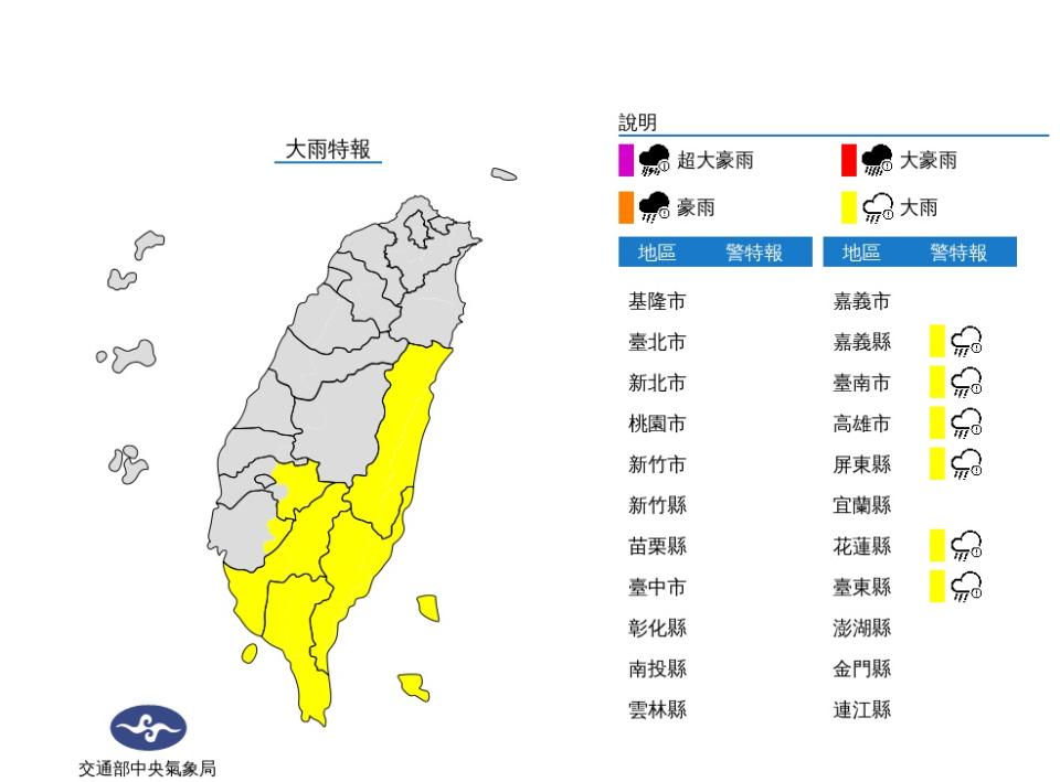 對流雲系發展旺盛 東部與中南部6縣市大雨特報。