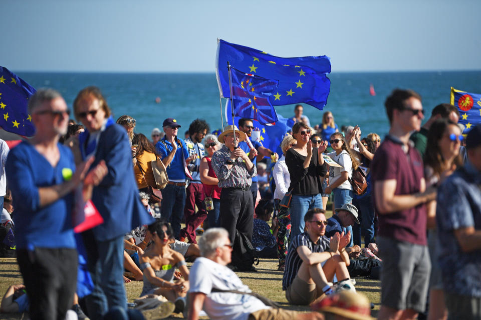 A man waves an EU flag during the Anti-Brexit 'Trust the People' march and rally held by the People???s Vote campaign during the Labour Party Conference in Brighton.