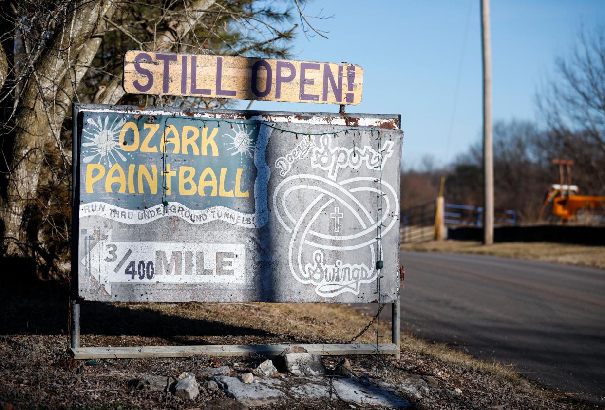 A sign for Doennig Sport Swings and Ozark Paintball off Jackson Spring Road in Ozark on Monday, Feb. 5, 2024. The sports park was home to the Ozark Barn Swings from 1985 to 2006.