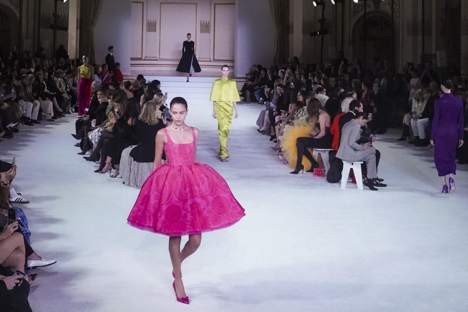 Fashion from the Carolina Herrera latest collection is modeled during Fashion Week, Monday Feb. 13, 2023, in New York. (AP Photo/Bebeto Matthews)