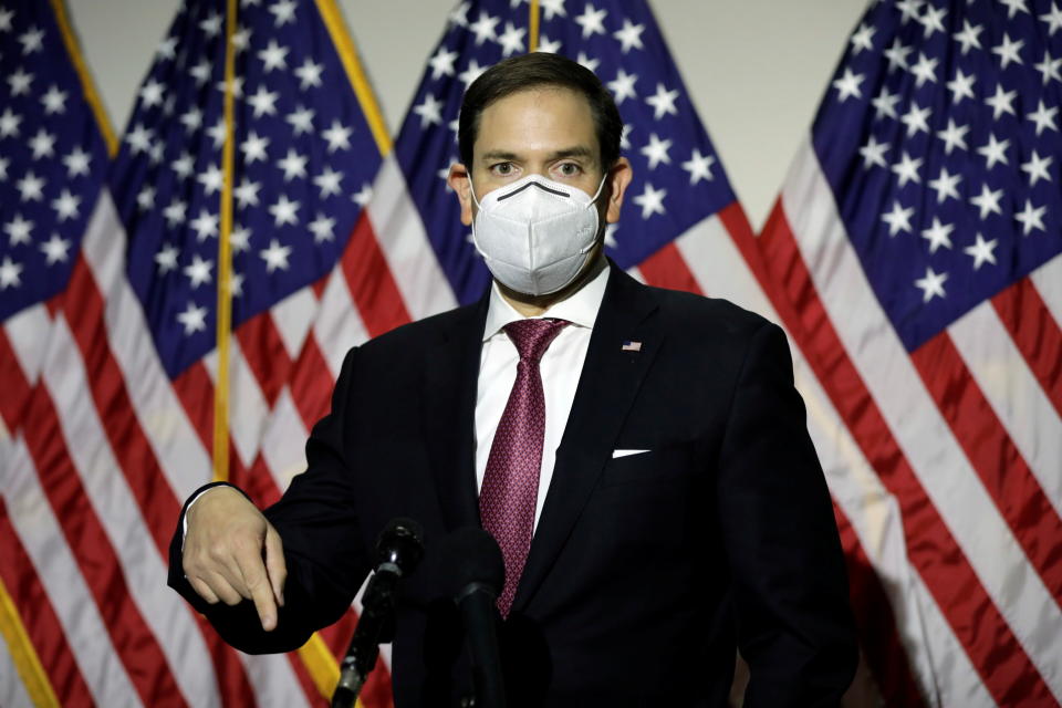 Senator Marco Rubio (R-FL) talks to the media after Senate Republicans closed lunch meeting on Capitol Hill in Washington on October 21, 2020. (Yuri Gripas/Reuters)