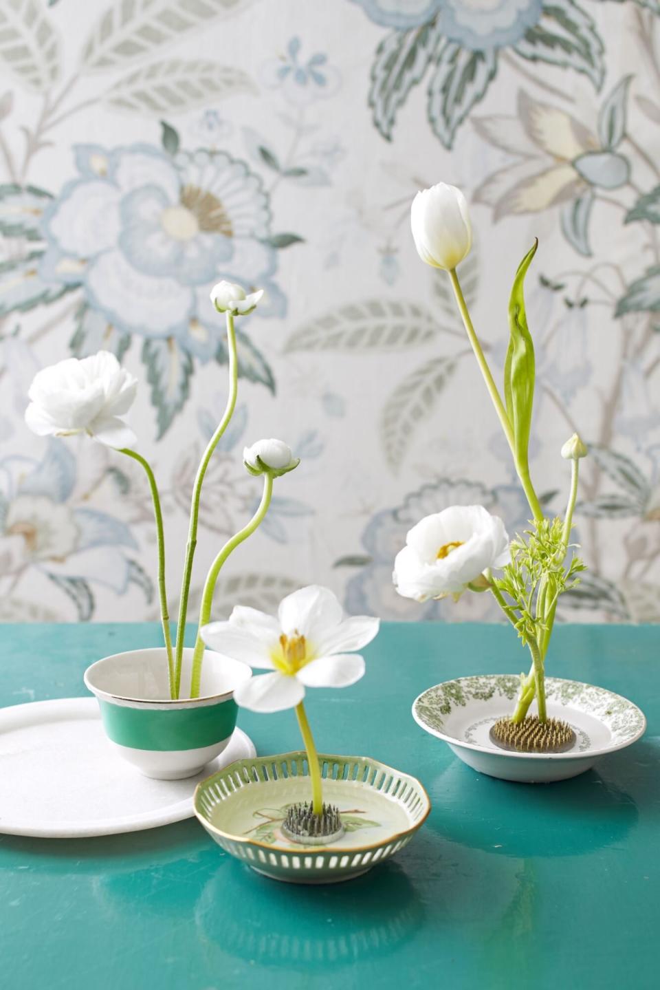 White Flower Display Using China and Floral Frogs