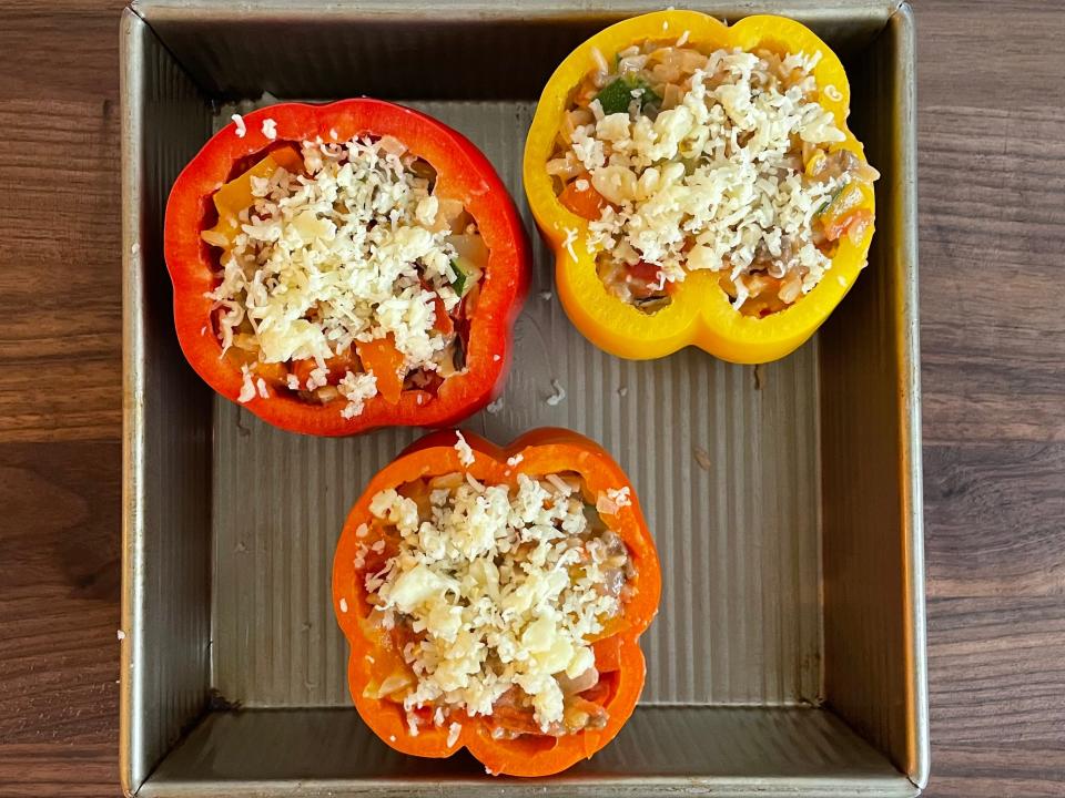 Stuffed peppers before being baked.