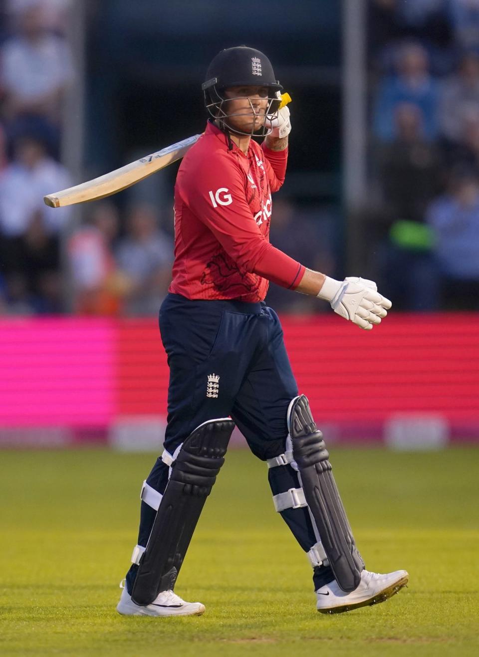 England’s Jason Roy walks off dejected after being dismissed during the second Vitality IT20 match at Sophia Gardens, Cardiff. Picture date: Thursday July 28, 2022. (PA Wire)