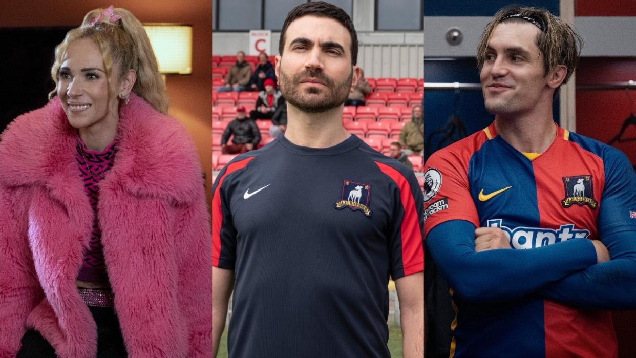  From left to right: Juno Temple as Keeley smiling, Bret Goldstein as Roy stoically standing on the pitch and Phil Dunster as Jamie in the locker room smiling and looking to the left. 