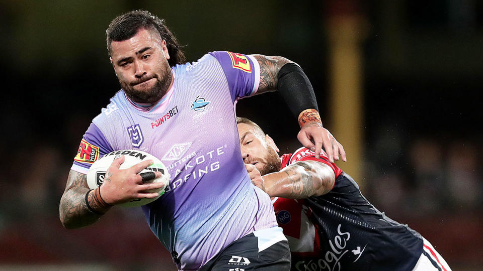 Andrew Fifita is seen here taking the ball up for the Sharks in 2020.