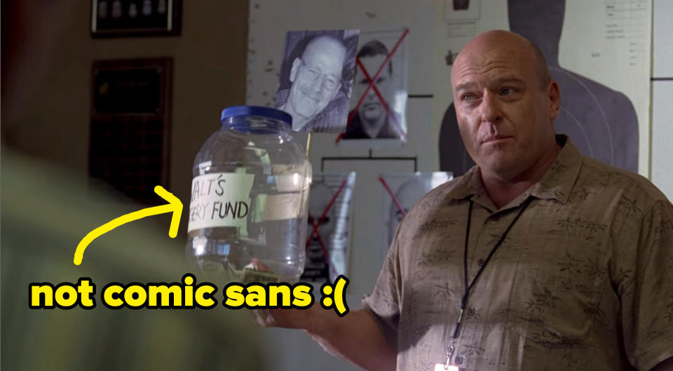 Hank holds out a big jar that says "Walt's Recover Fund" and the caption points out that the font is "not comic sans"