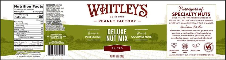 <em>Product label for recalled 12oz Deluxe Nut Mix</em>