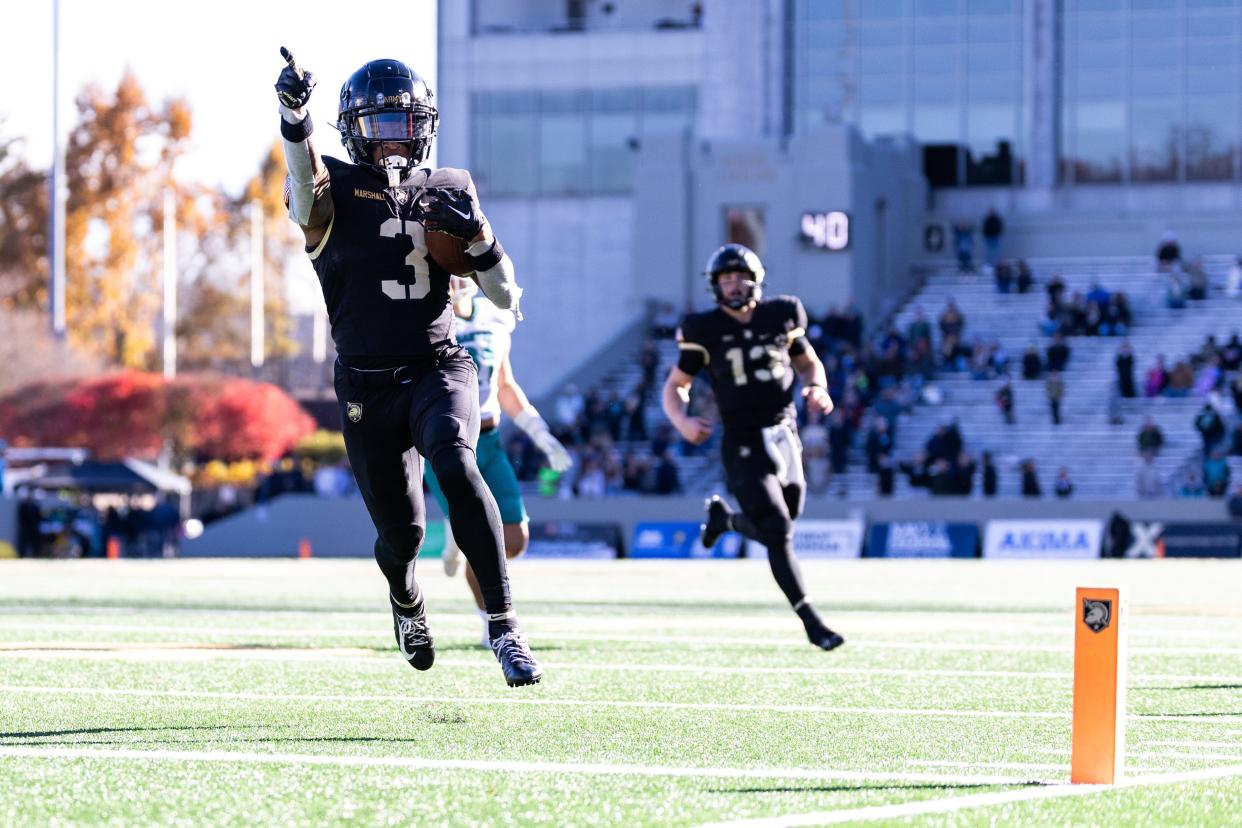 West York Ay'Jaun Marshall got playing time for four seasons on the Army football team. Here, he scores a touchdown on senior day against Coastal Carolina on Nov. 11, 2023.